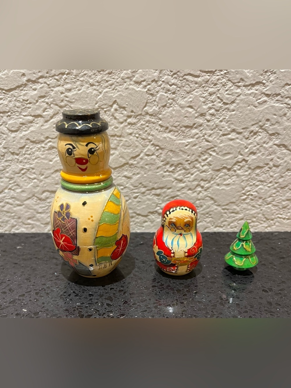 Handmade Wooden Painted 2 Snowmen and 1 Christmas Tree Nesting Set GORGEOUS